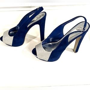 “D” Brand Twilight blue and silver open toe/sling  back glitter sandals/size 10